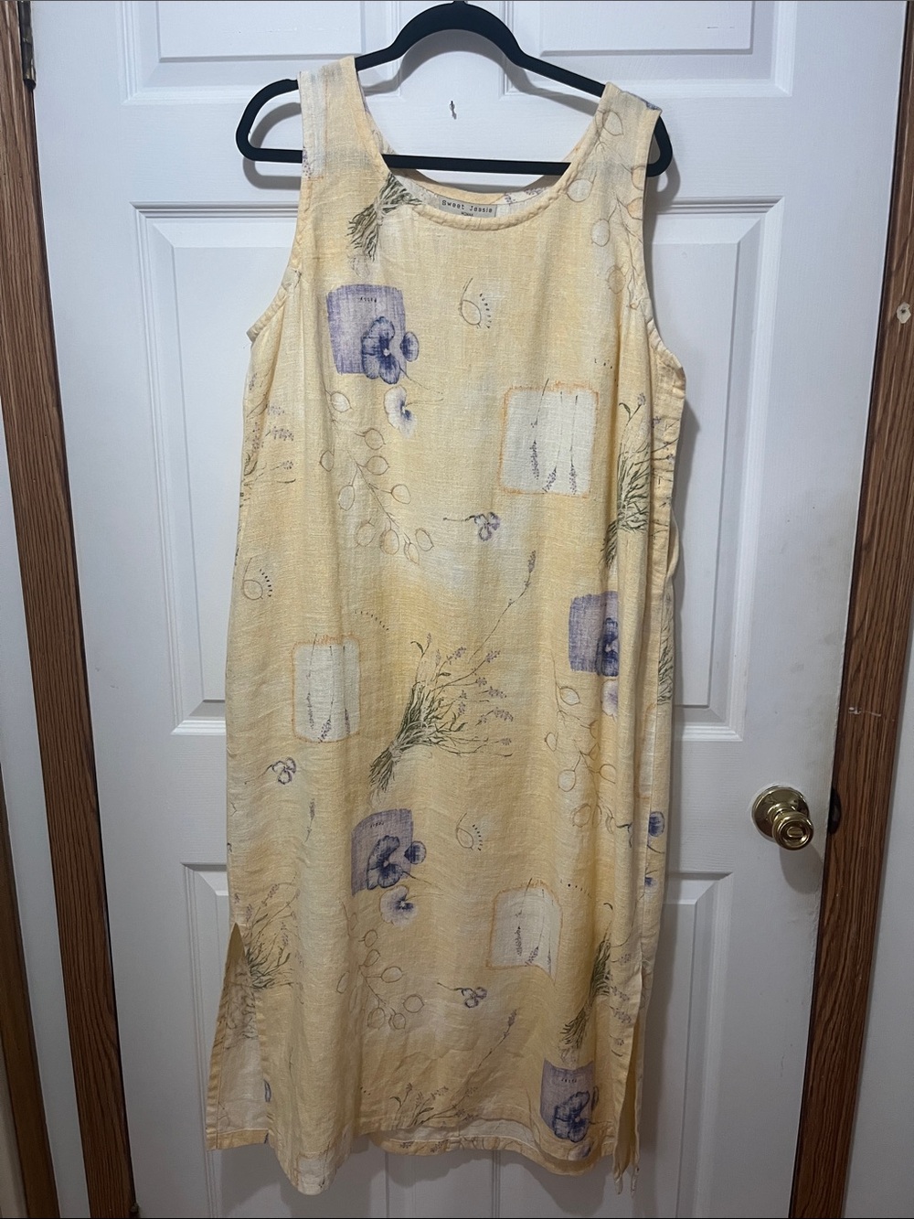100% Linen Sleeveless Yellow Pansy Lavender Sweet Jessie Floral Print Dress